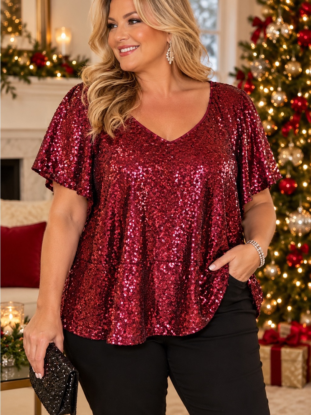 Lane Bryant Size 28 Burgundy Sequin Blouse Plus Size Holiday Party Top